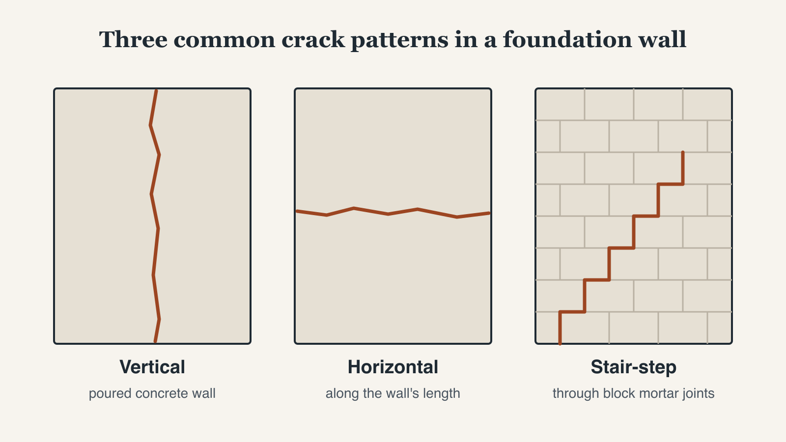 Common basement foundation crack patterns and failure modes in poured concrete and masonry block walls
